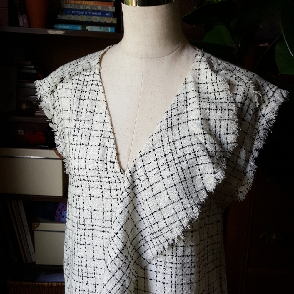 Zara Tweed Asymmetric Ruffle Dress V Neck Pockets - Picture 8 of 9